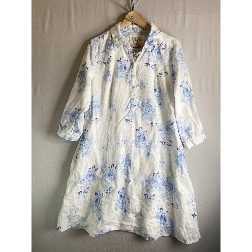 Malvin Hamburg Linen Floral Shirt Dress Womens XL Blue White Button Front